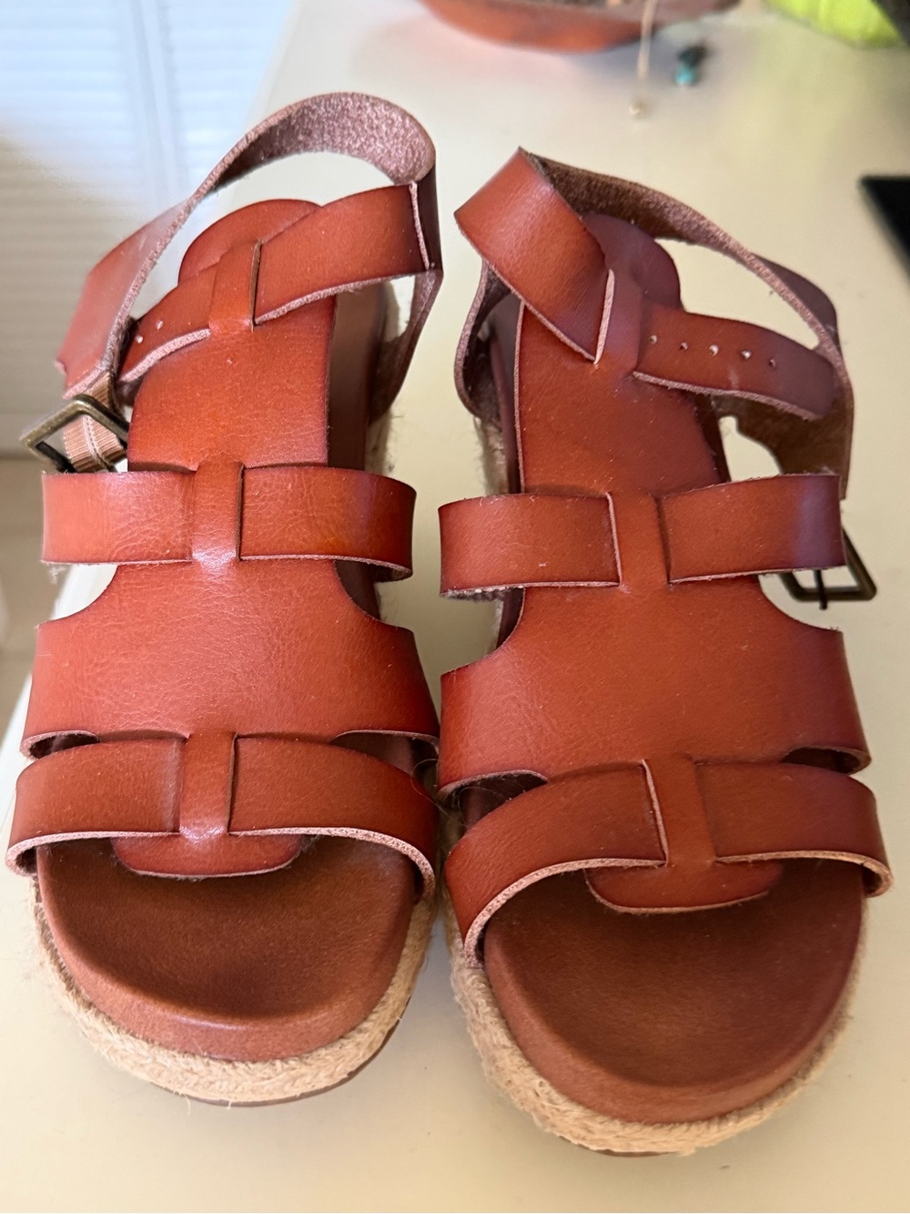 MIA Tan Brown Leather Woven Strap Sandals